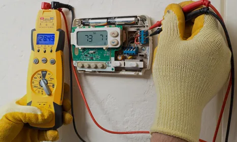 Electrician testing power on heating unit